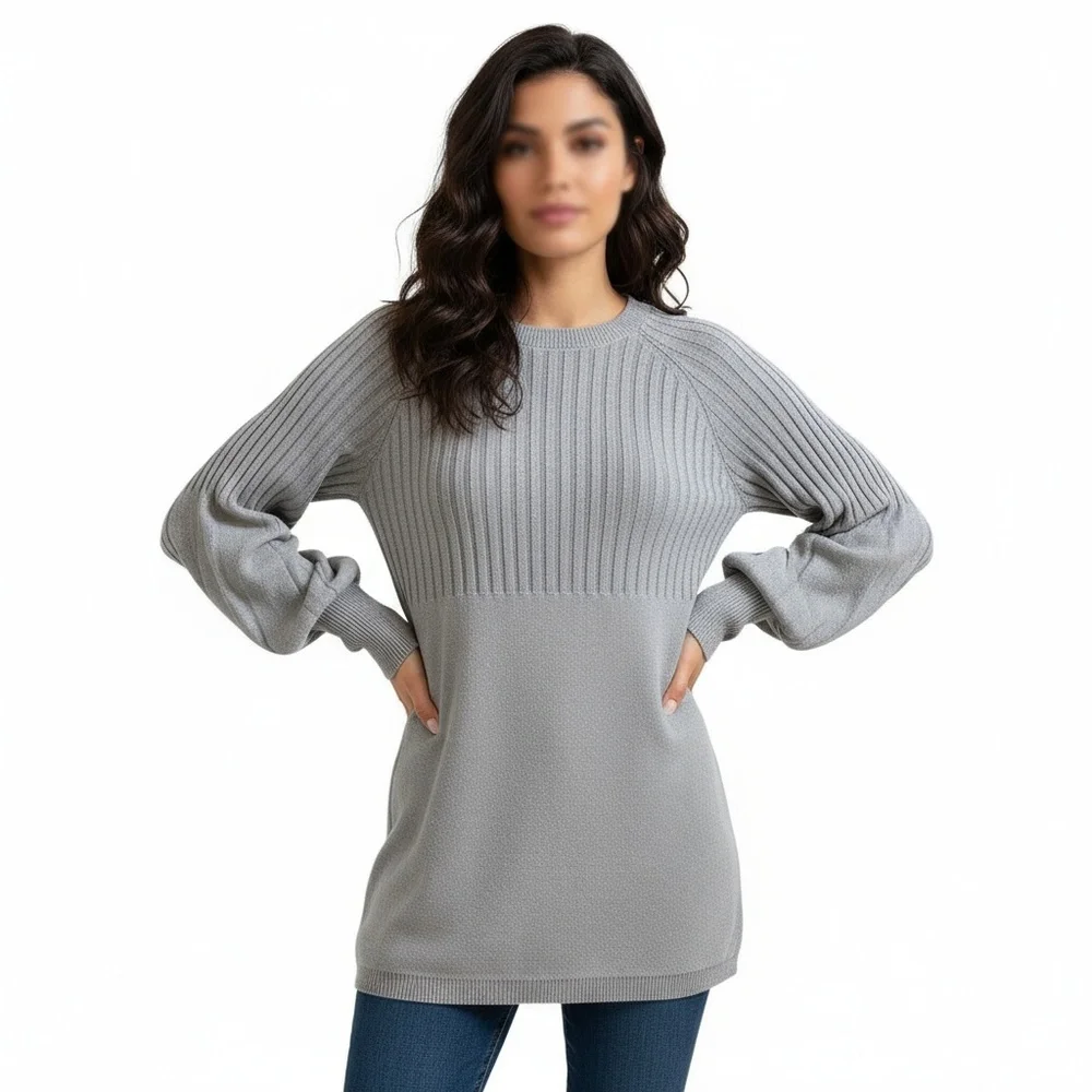 APT.9 Tunic Sweater Womens Gray Sparkly Puffy Sleeve Ribbed Trendy Knit Size L